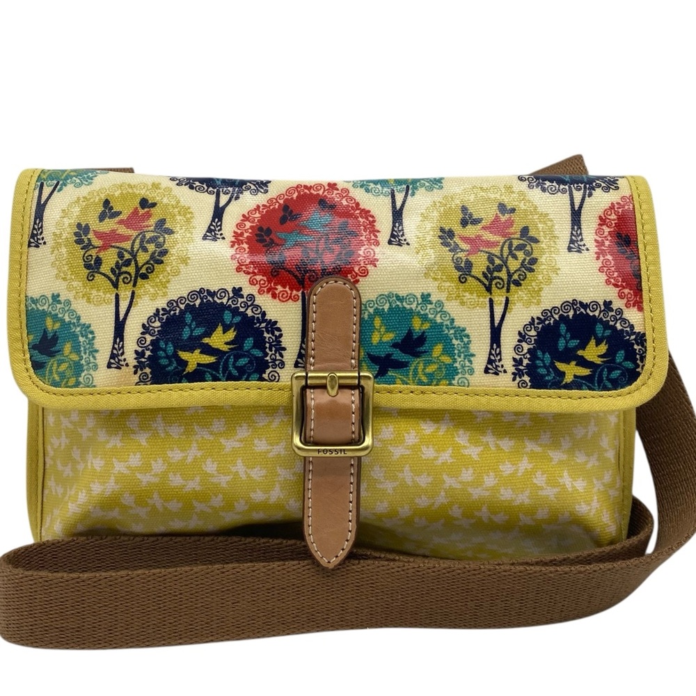Fossil Crossbody Bag Yellow Birds Coated Canvas Leather Colorful Casual Vibrant